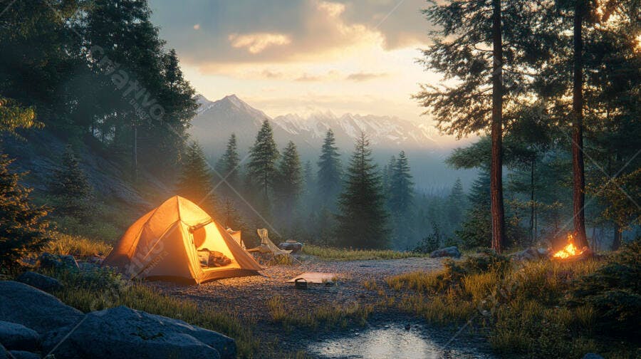 Barraca laranja iluminada acampamento nas montanhas ao pôr do sol