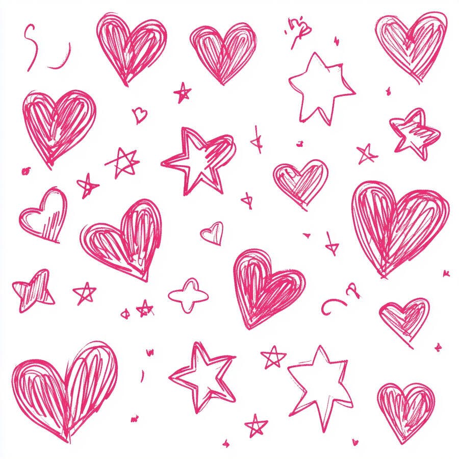 Corações e estrelas desenhados à mão em rosa fundo branco padrão