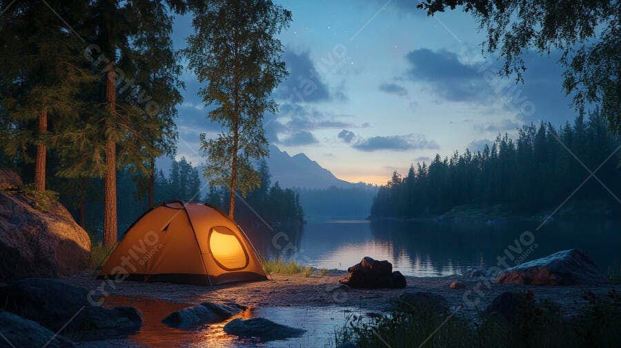 Barraca de camping laranja iluminada à beira do lago na floresta ao anoitecer estrelado