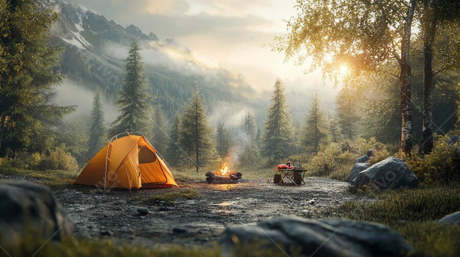 Barraca de camping laranja em floresta montanhosa ao amanhecer com fogueira acesa