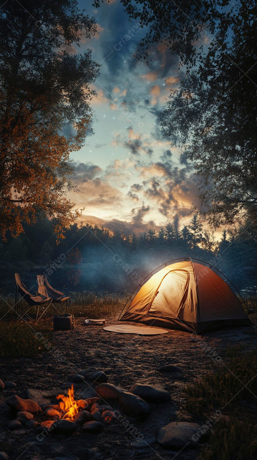 Acampamento com barraca laranja iluminada e fogueira acesa em floresta ao anoitecer