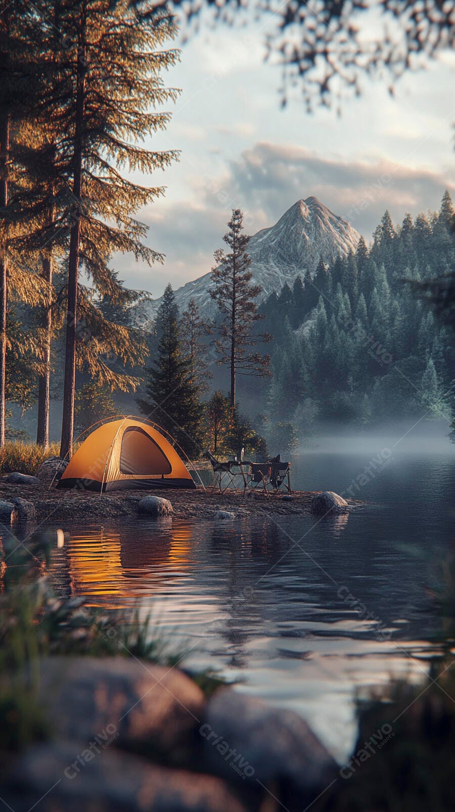 Barraca de camping laranja à beira do lago com montanha e floresta ao amanhecer