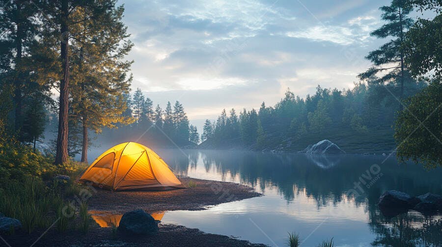 Tenda de camping amarela iluminada à margem de lago cercado por floresta ao amanhecer