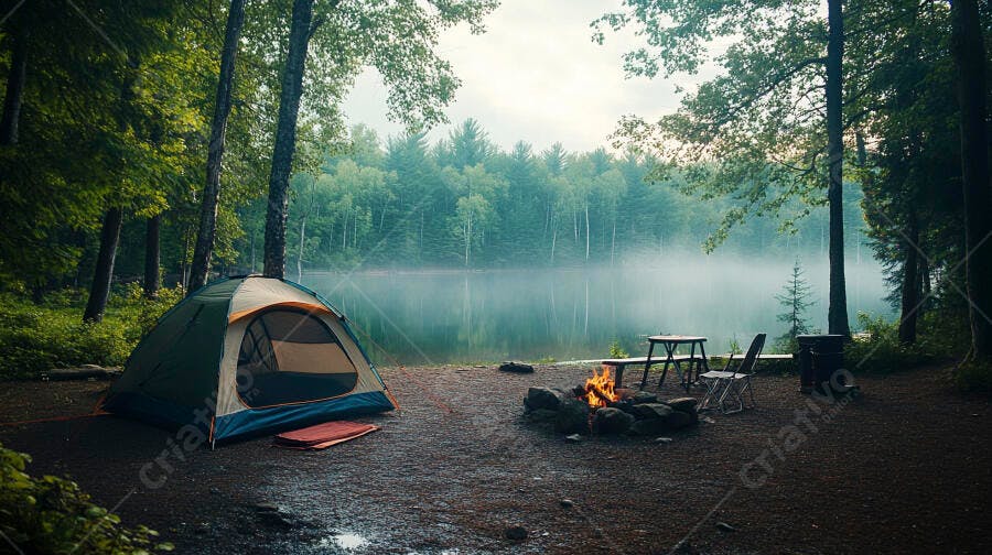 Acampamento com barraca e fogueira ao lado de lago com névoa matinal