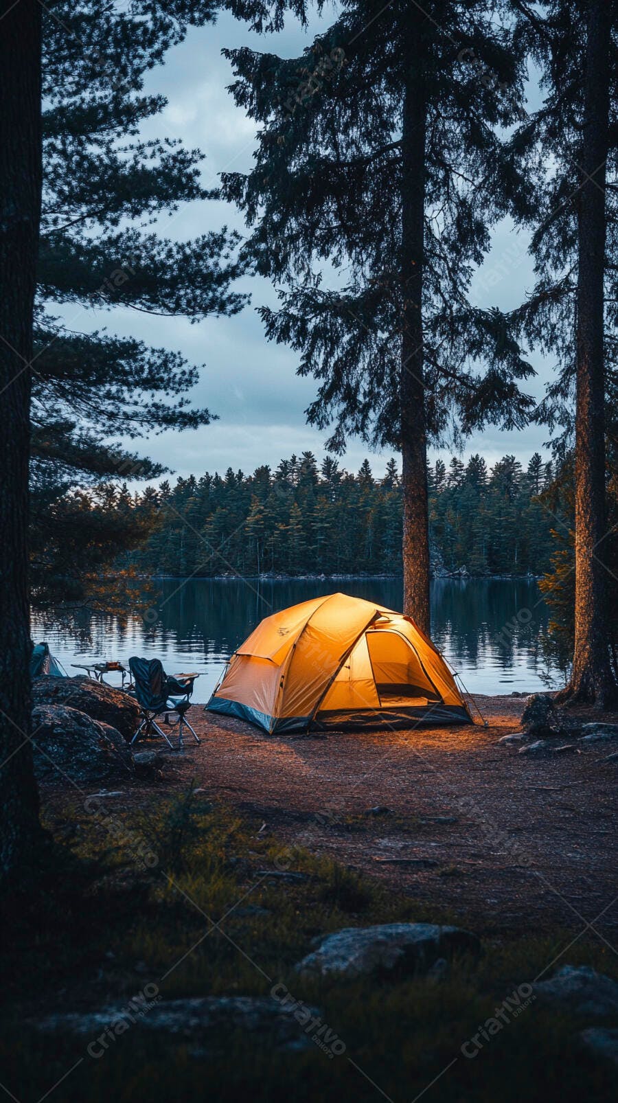 Barraca de camping laranja iluminada à beira do lago ao anoitecer