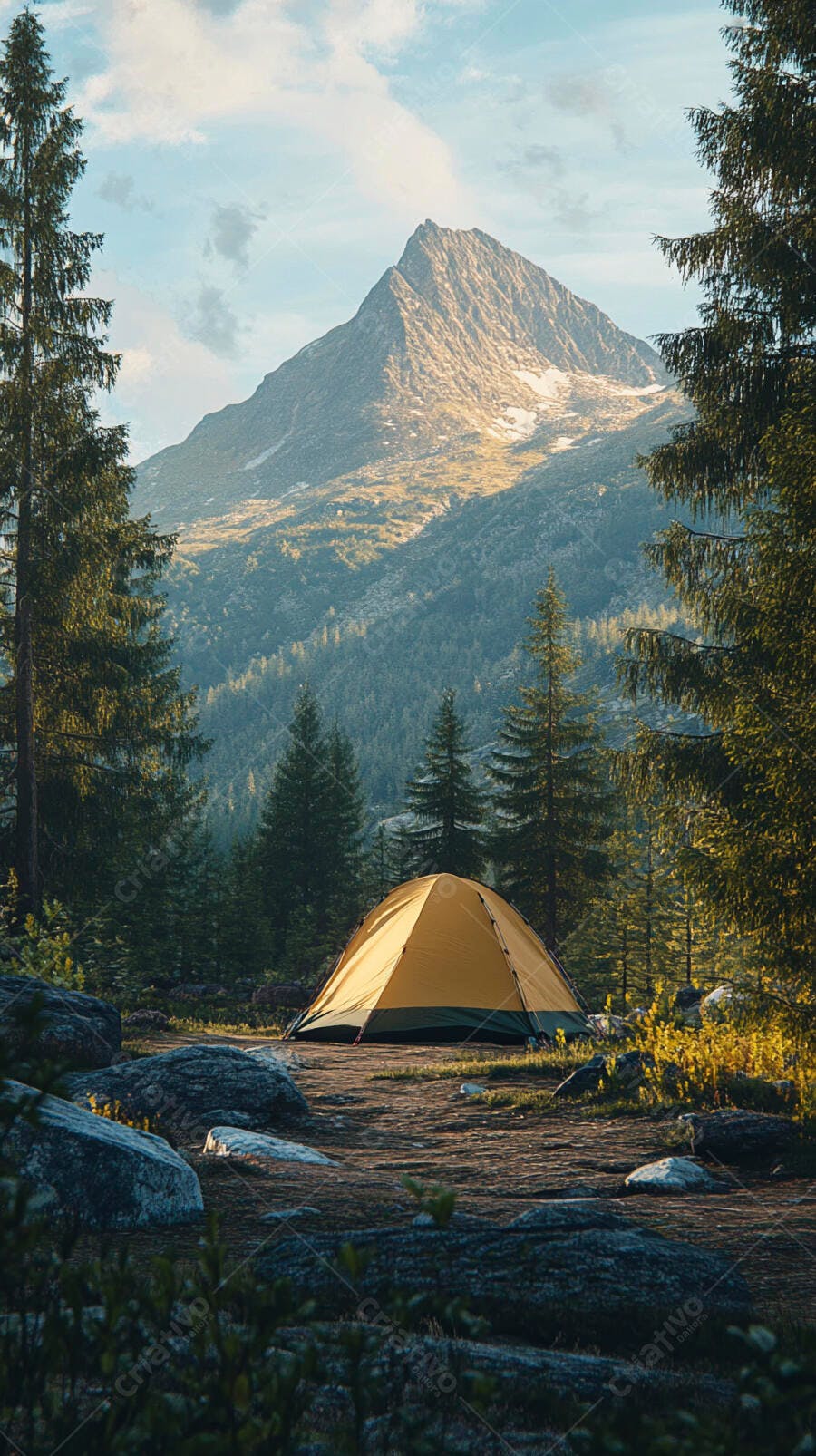 Barraca de camping amarela em floresta com montanha nevada ao fundo