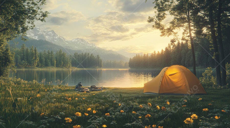 Barraca de camping amarela à beira do lago nas montanhas ao nascer do sol