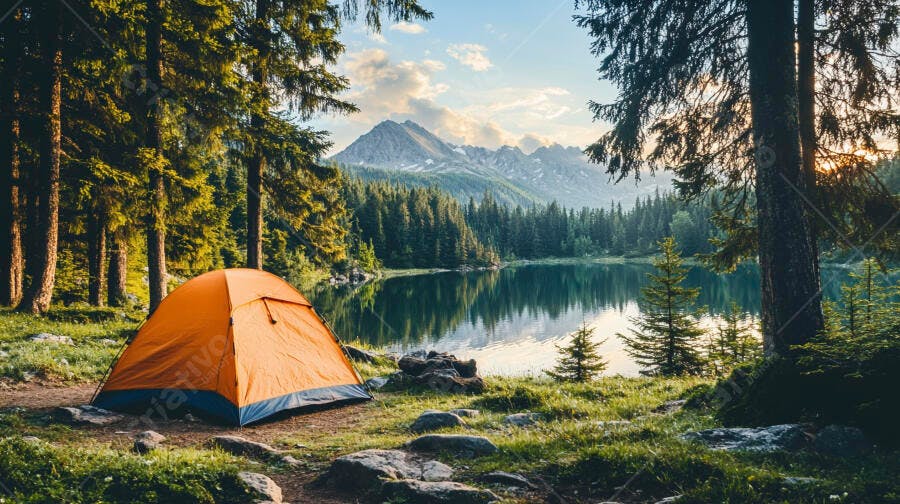 Tenda laranja à beira de lago montanhoso ao nascer do sol