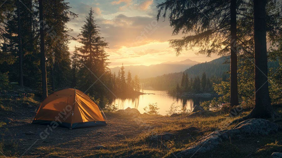 Tenda de camping laranja à beira do lago ao nascer do sol floresta montanhosa