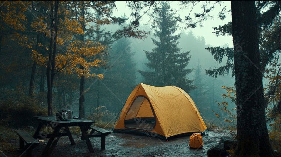 Barraca de camping laranja e mesa de piquenique em floresta nebulosa de outono