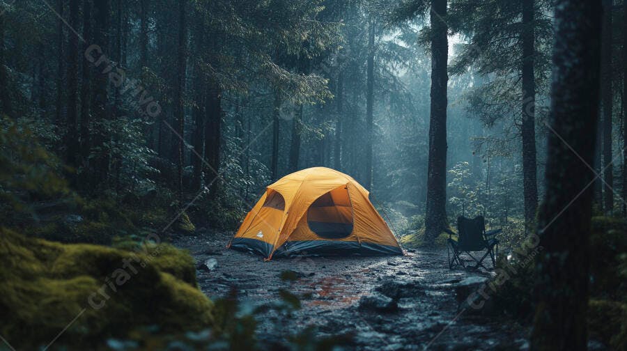 Tenda laranja em floresta densa com neblina matinal