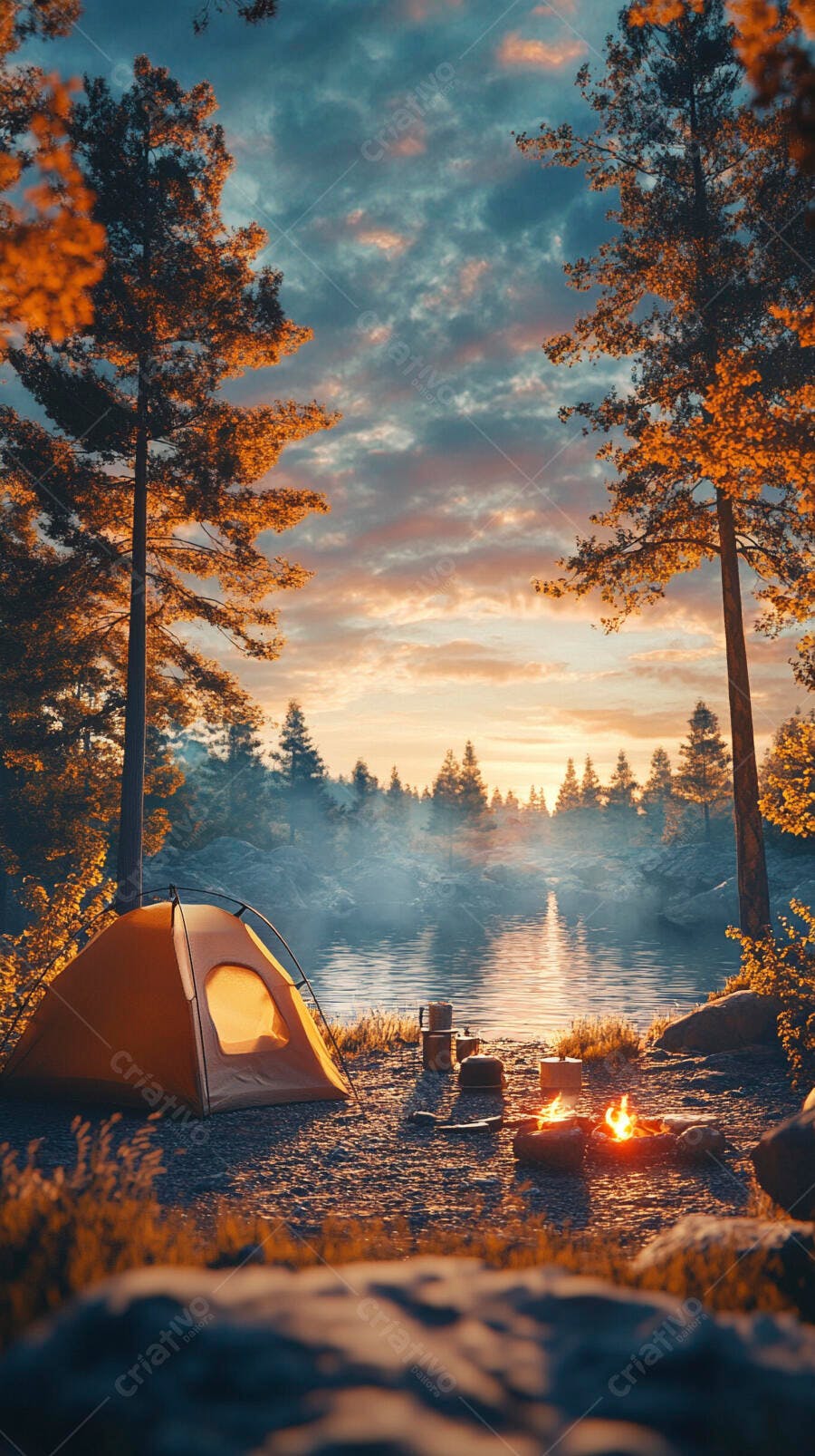 Acampamento com barraca laranja e fogueira à beira do lago ao pôr do sol
