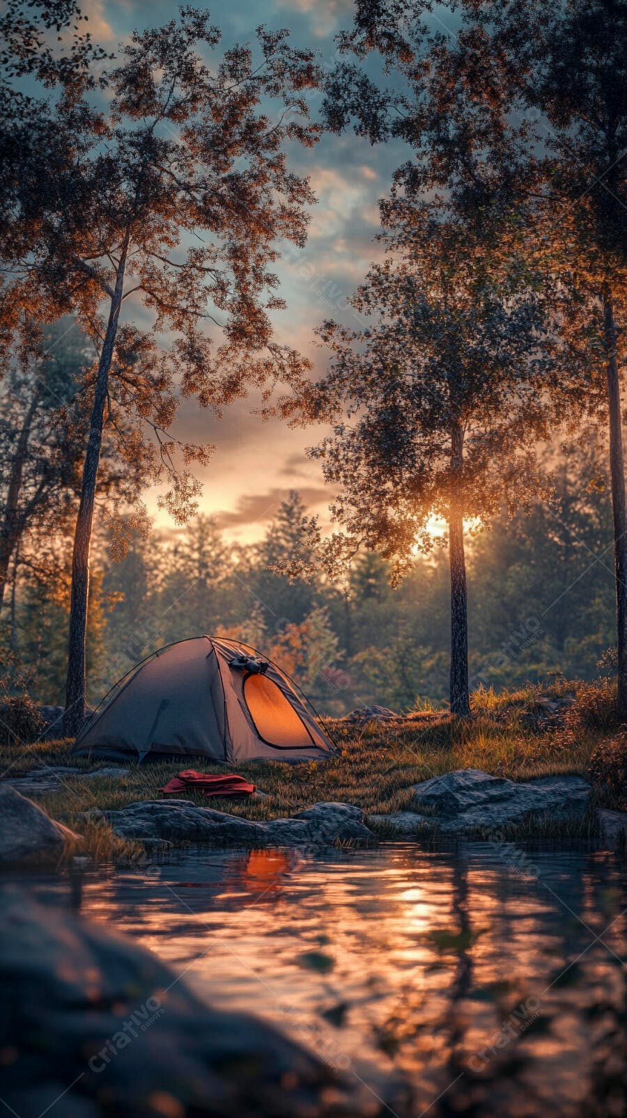 Barraca de camping iluminada ao pôr do sol na floresta perto do lago