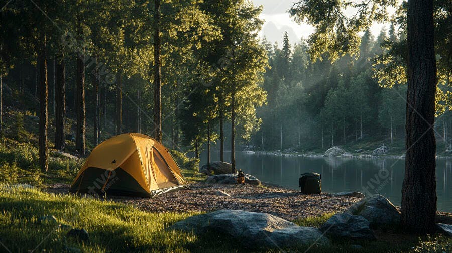 Barraca amarela de camping na beira de lago florestado ao amanhecer