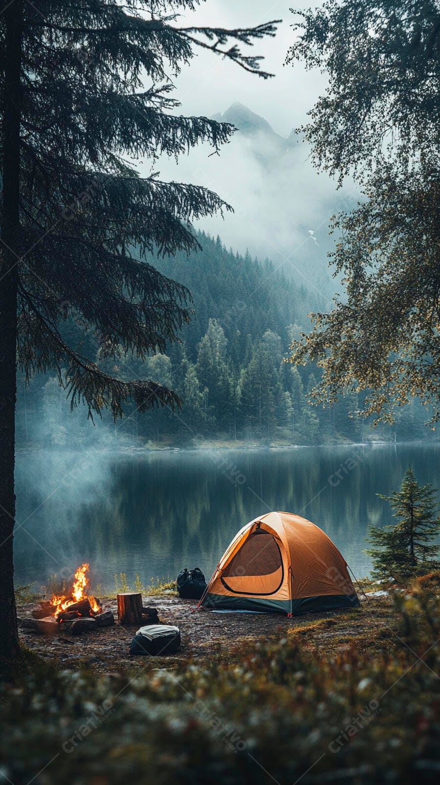 Tenda de camping laranja com fogueira em lago montanhoso nebuloso