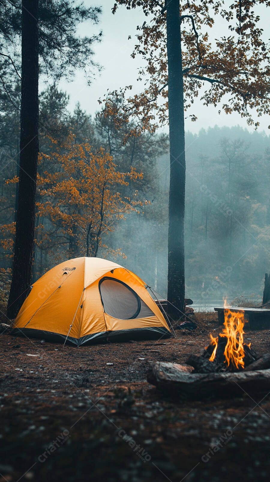 Barraca amarela acampando na floresta com fogueira e neblina matinal