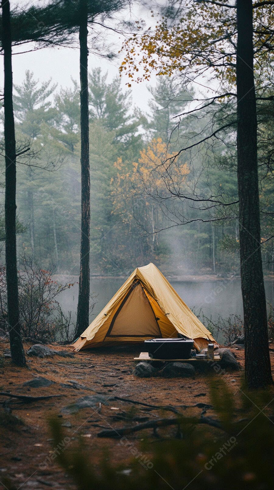 Tenda de acampamento amarela na floresta nebulosa perto do lago no outono