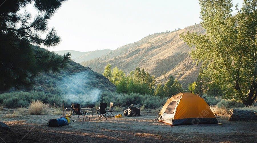 Tenda laranja e acampamento na montanha ao nascer do sol com fumaça de fogueira