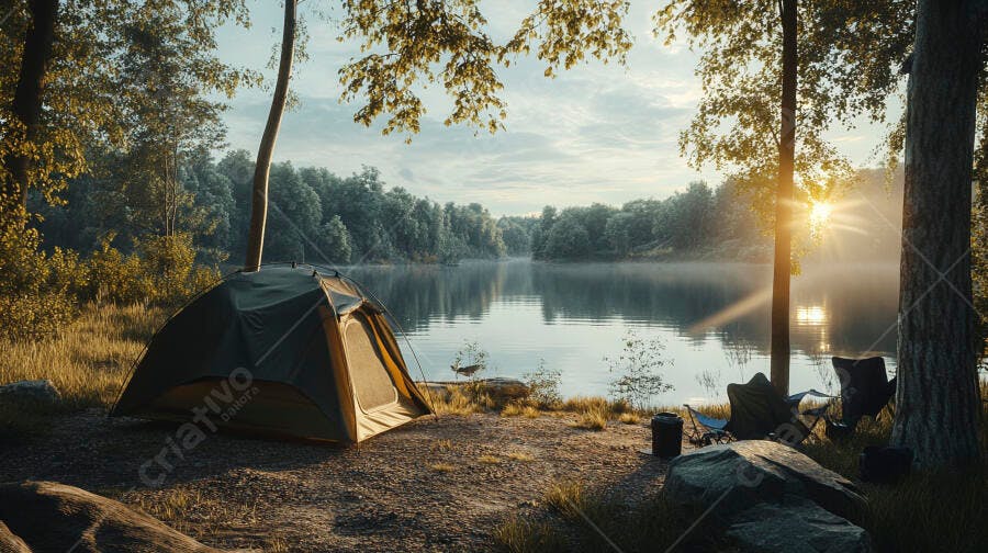 Barraca de camping à beira do lago com nascer do sol dourado em floresta serena