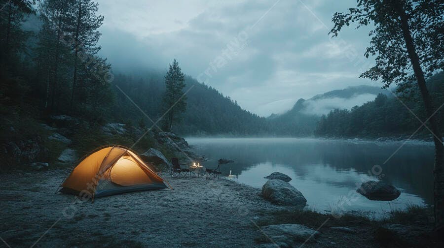 Barraca de camping iluminada à beira do lago nas montanhas ao amanhecer