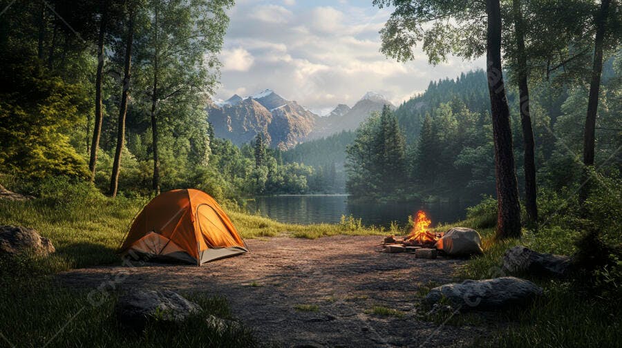 Barraca de camping laranja e fogueira à beira do lago nas montanhas