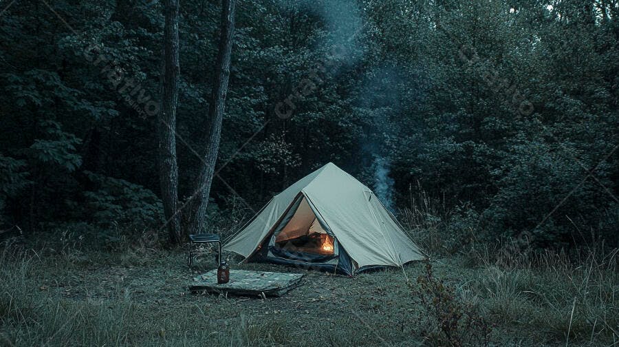 Barraca de camping em floresta escura com fogueira acesa à noite