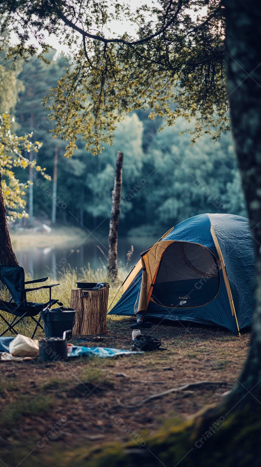 Tenda de camping azul e amarela à beira do lago na floresta