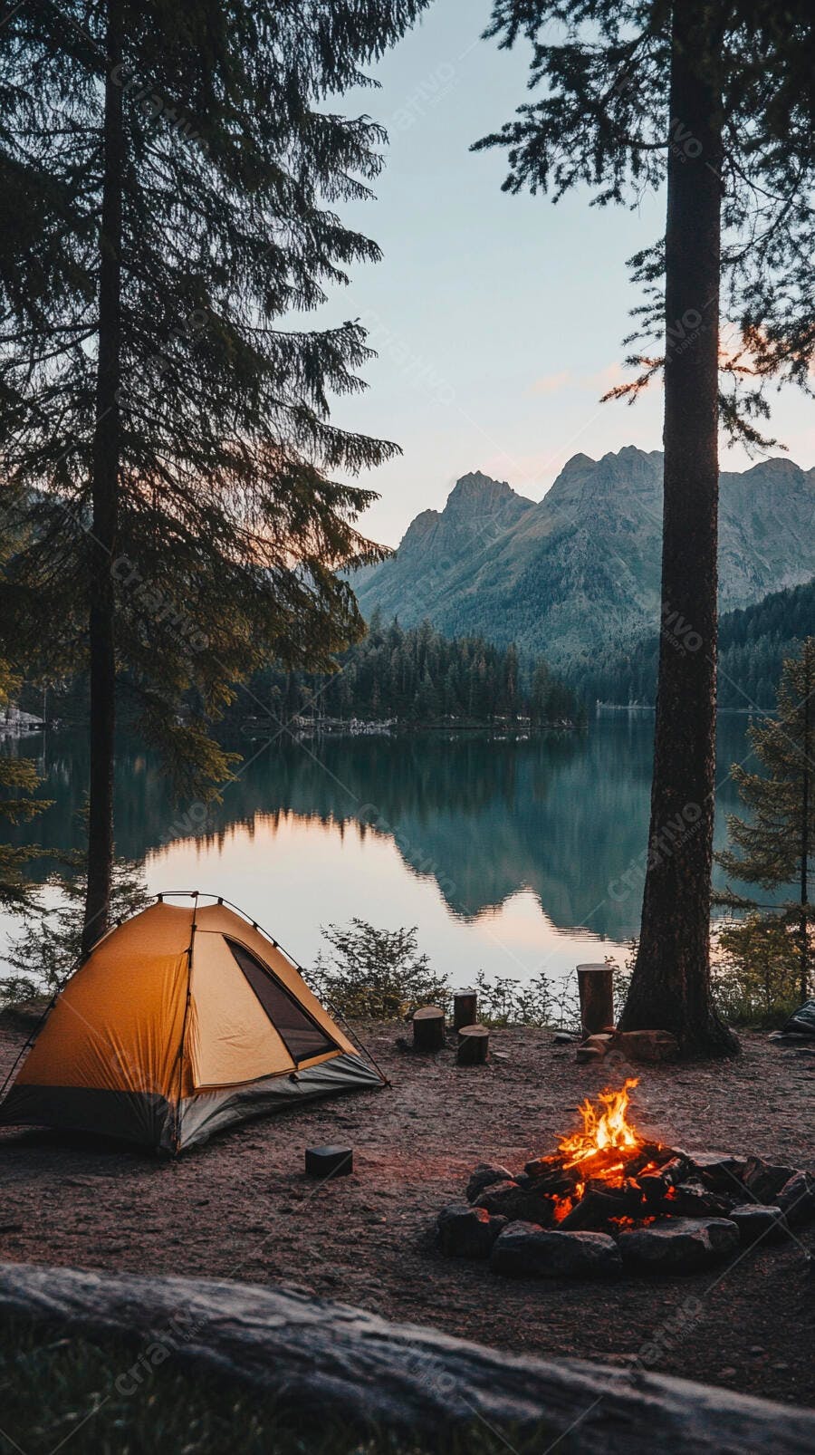 Acampamento à beira do lago com barraca e fogueira ao entardecer