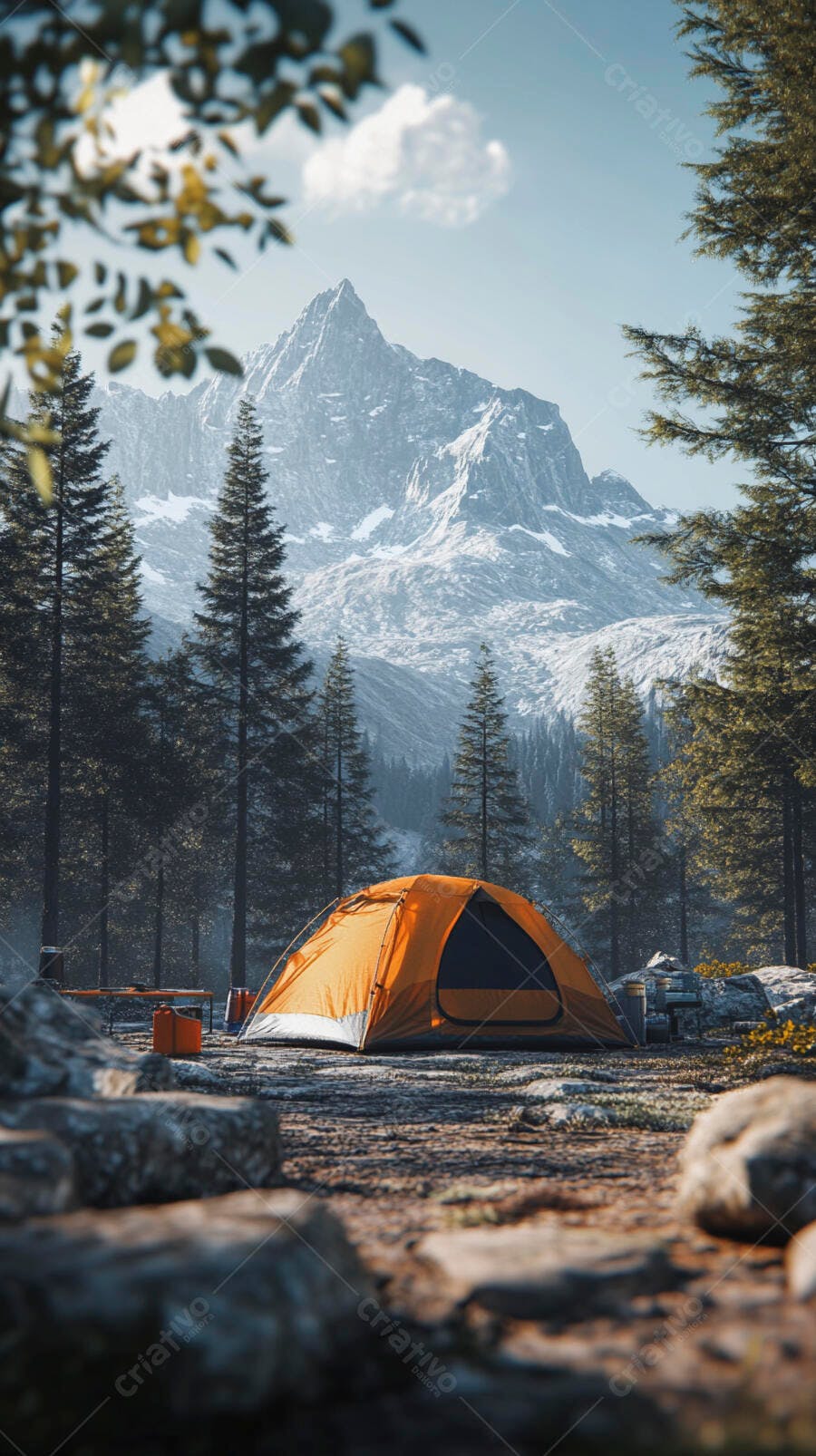 Tenda de acampamento laranja na floresta com montanhas nevadas ao fundo