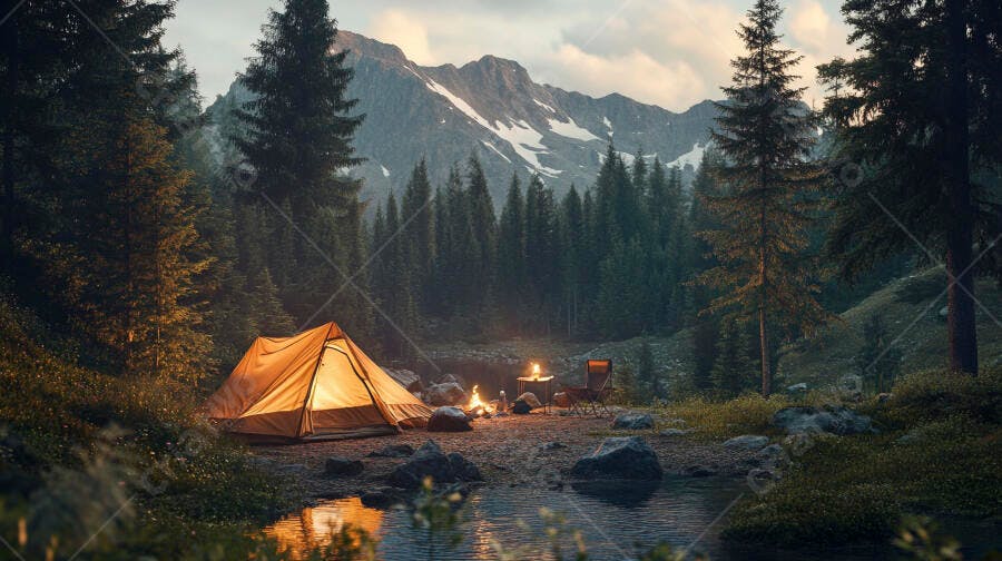 Barraca de acampamento iluminada na floresta montanhosa ao entardecer