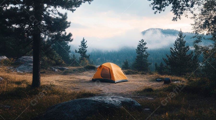 Barraca de camping laranja em acampamento florestal montanhoso com névoa