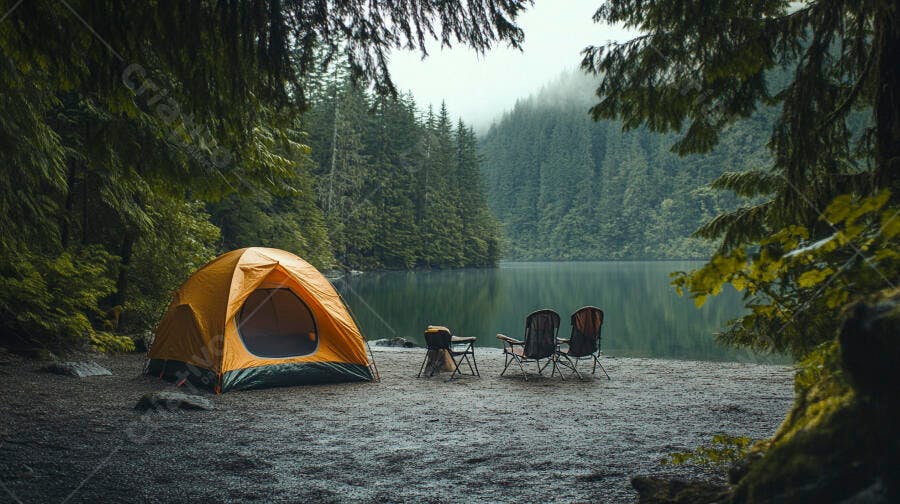 Barraca de camping laranja à beira do lago em floresta enevoada