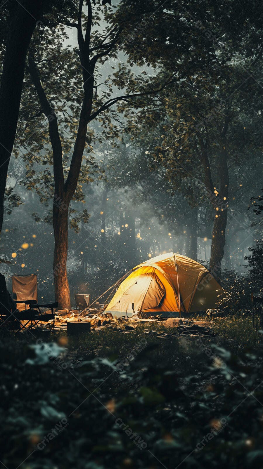 Barraca de camping amarela iluminada na floresta noturna e mística