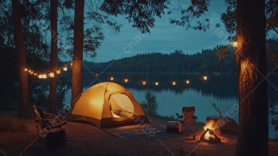 Acampamento noturno à beira do lago com barraca iluminada e fogueira acesa