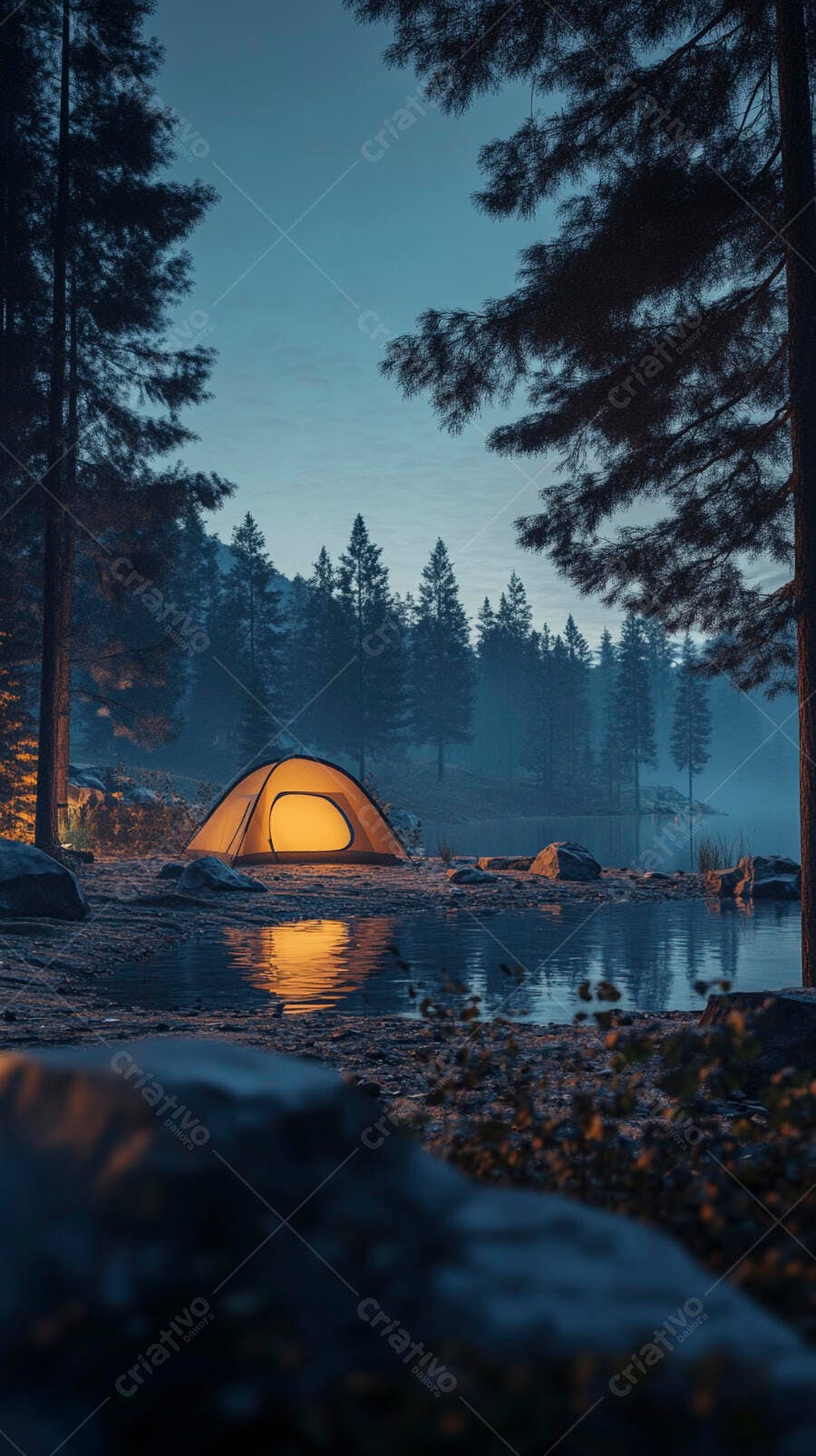Barraca iluminada acampando à beira do lago na floresta ao anoitecer