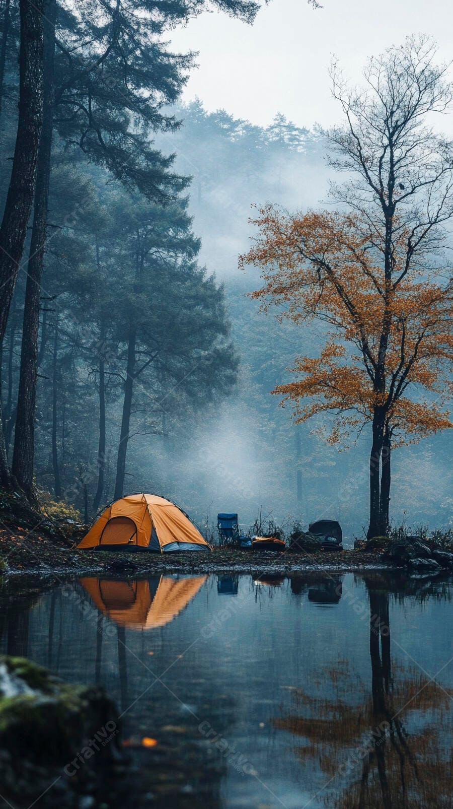 Barraca de camping laranja em floresta nebulosa outono ao lado de lago
