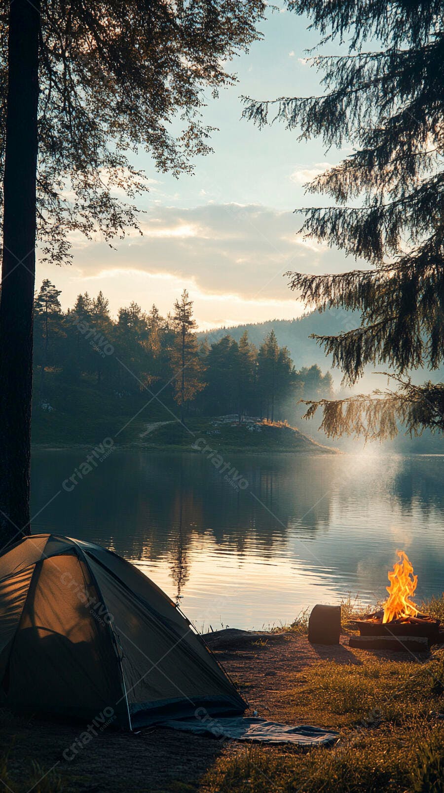 Barraca verde acampamento com fogueira à beira do lago ao amanhecer