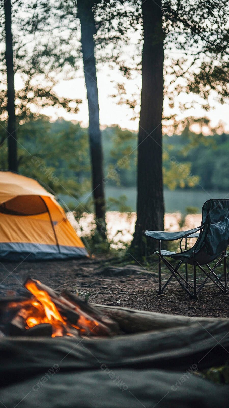 Tenda de camping laranja com fogueira e cadeira em floresta ao entardecer