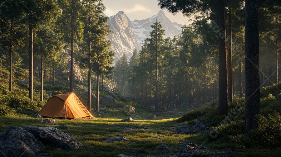 Barraca de camping laranja em floresta com montanhas nevadas ao nascer do sol