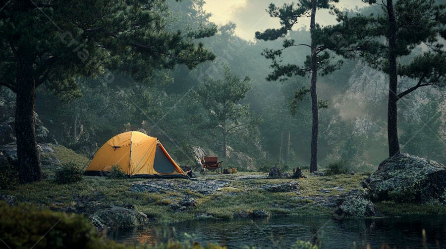 Barraca de camping laranja à beira do lago na floresta nebulosa com árvores altas