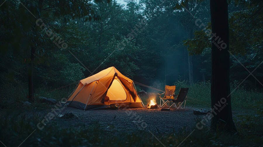 Barraca de camping laranja com fogueira na floresta à noite