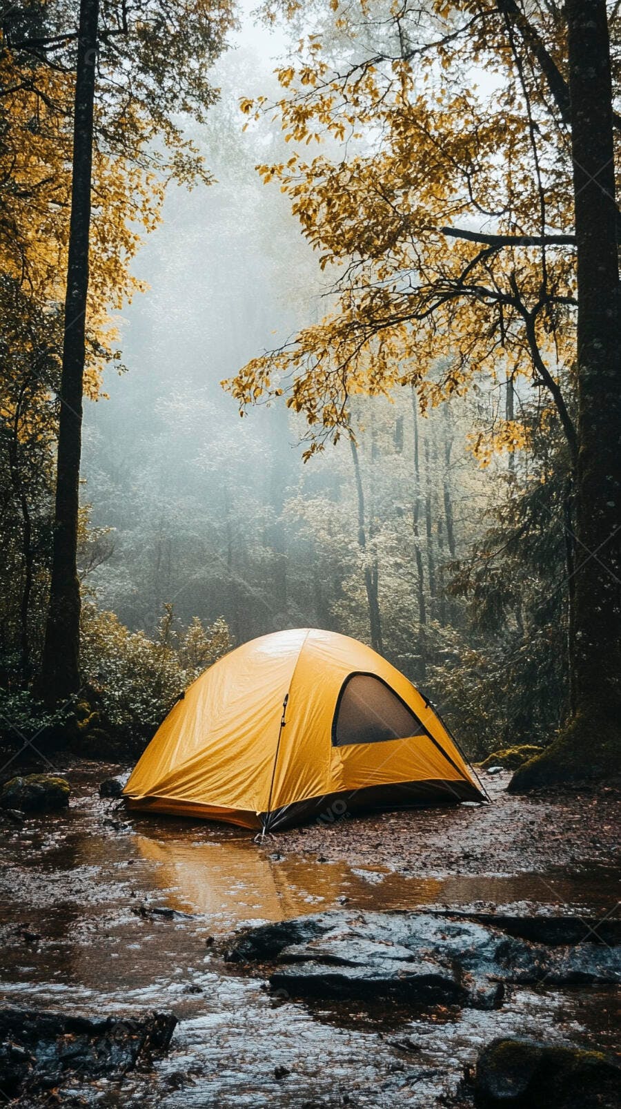 Barraca amarela em acampamento na floresta nebulosa com folhas douradas