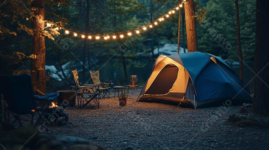 Cena de acampamento noturno barraca azul fogueira e luzes na floresta