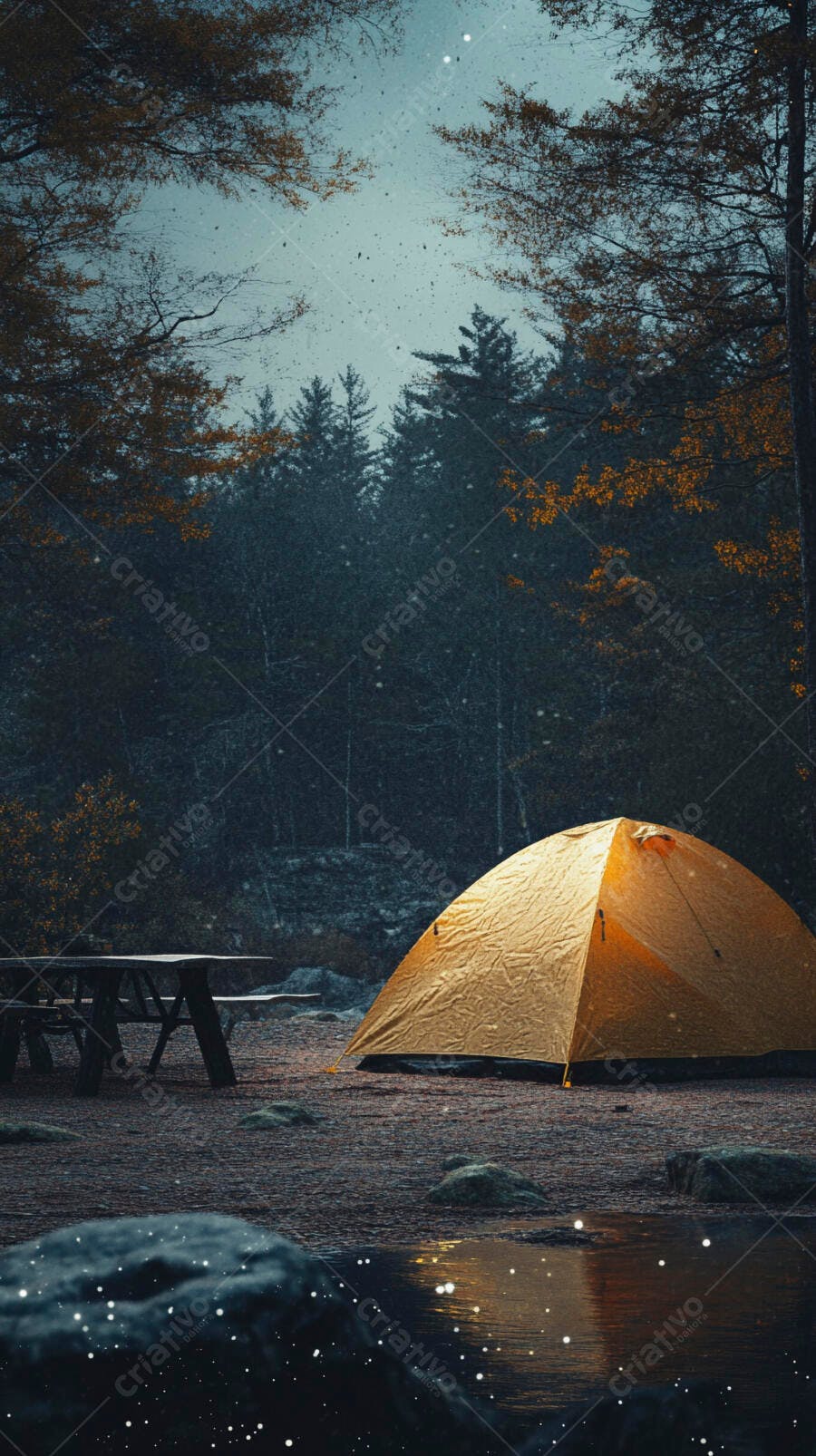 Barraca amarela em acampamento noturno na floresta com neve