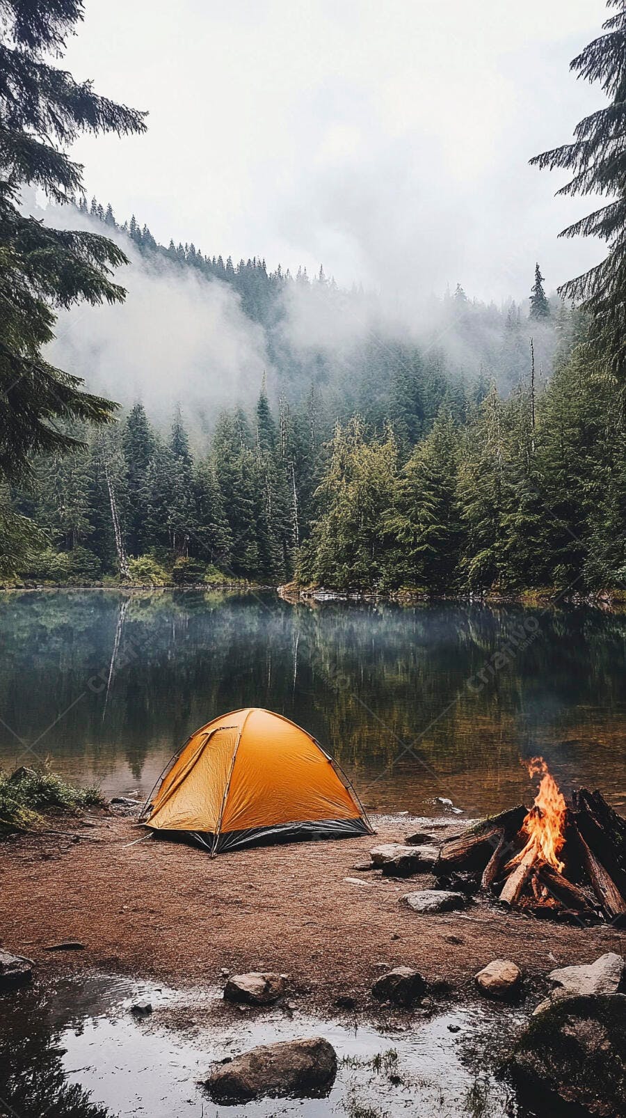 Barraca de camping laranja e fogueira acesa à beira de lago com floresta nebulosa