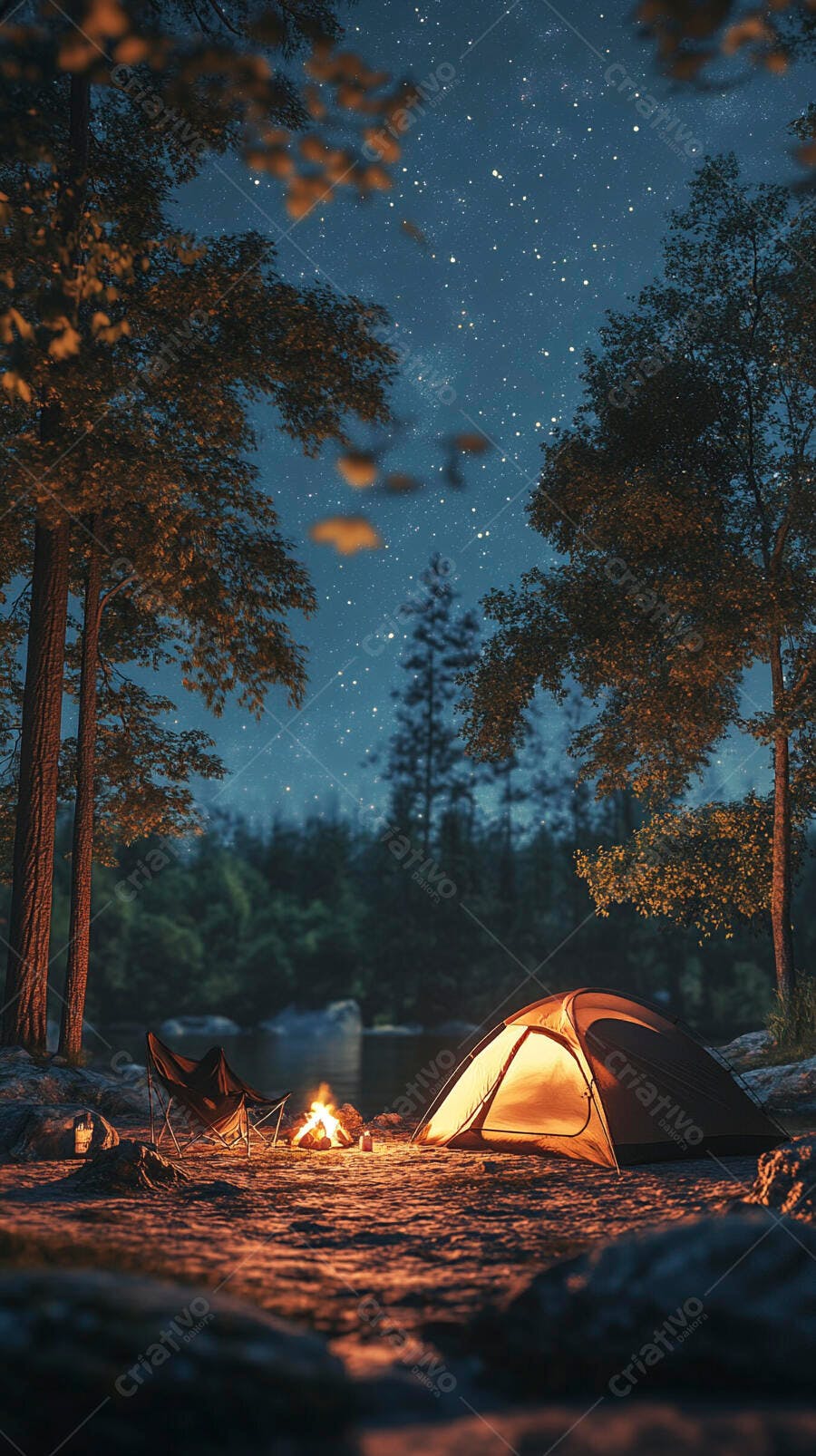 Acampamento tranquilo com barraca iluminada e fogueira sob céu estrelado