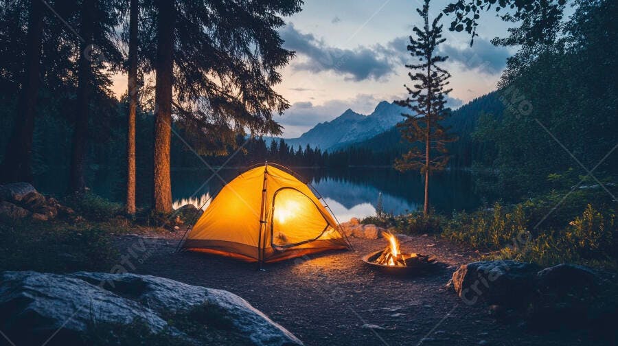 Barraca de camping laranja iluminada com fogueira à beira de lago montanhoso ao anoitecer