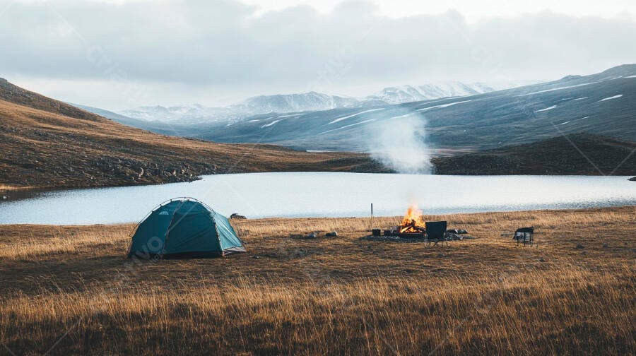 Tenda de camping verde lago e fogueira em montanhas nevadas