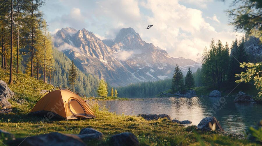 Tenda laranja acampamento em lago alpino com montanhas ao amanhecer
