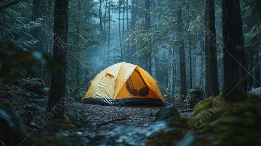 Tenda de camping amarela na floresta densa com neblina
